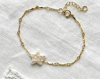 Freshwater White Star Pearl Bracelet, 14K GF Bar Chain, Minimalist Bracelet, June Birthday, Pearl Bracelet, Bridesmaid Gift, Gift for Her