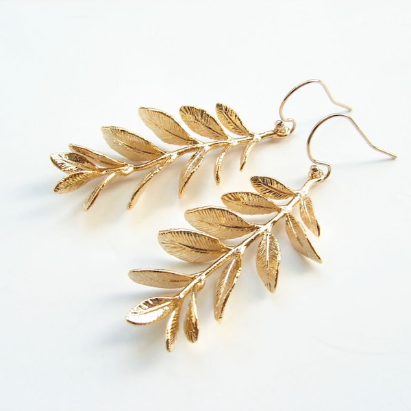 Gold Willow Branch Earrings. 14K GF Ear Wire. Matte Gold Leaf Earrings. Bridesmaid GIft. Simple EveryDay Jewelry by PetitBlue