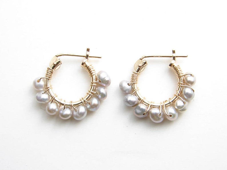 Small Grey Pearl Hoop Earrings. 14K GF Hoop Earrings. Wire image 0