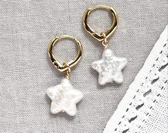 Pearl Earrings, White Star Pearl Earrings, June Birthday, Gold Hoop Earring, Dangly Pearl Earrings, Gift for Her