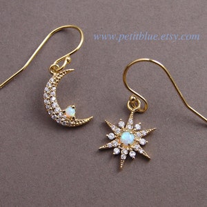 Celestial Opal Earrings ~ Moon and Star Earrings ~ Tiny Opal Earrings ~ Dainty Crescent Moon ~ Opal Star ~ Gift for Her ~ October Birthday