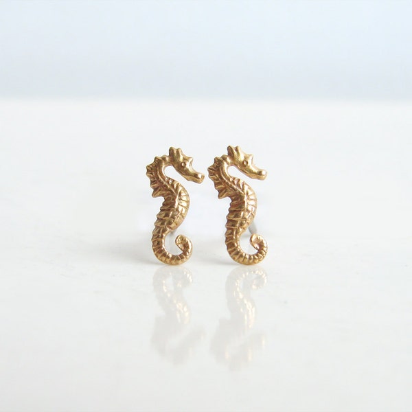 Teeny Tiny Seahorse Earrings. Brass Seahorse Stud Earrings. Nautical Jewelry. Bridesmaid Gift. Simple Modern Jewelry