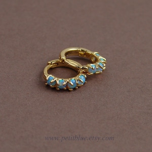 Opal Huggie Earrings ~ Small Blue Opal Hoops ~ Simple Opal Hoop Earrings ~ Dainty Opal Huggies ~ Tiny Opal Hoop Earrings ~ October Birthday