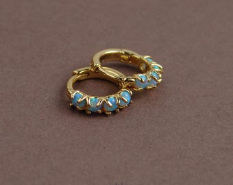 Opal Huggie Earrings ~ Small Blue Opal Hoops ~ Simple Opal Hoop Earrings ~ Dainty Opal Huggies ~ Tiny Opal Hoop Earrings ~ October Birthday