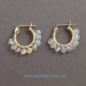 Opal Hoop Earrings ~ October Birthday ~ 10mm or 12mm ~ Genuine Ethiopia Opal ~ 14K GF Earrings ~ Small Hoop Earrings ~ October Birthstone