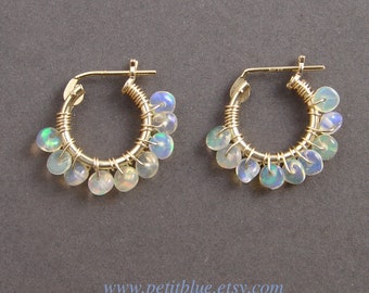 Opal Hoop Earrings ~ October Birthday ~ 10mm or 12mm ~ Genuine Ethiopia Opal ~ 14K GF Earrings ~ Small Hoop Earrings ~ October Birthstone