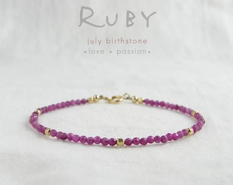 Genuine Ruby Bracelet, July Birthstone, 14K Gold Filled or Sterling Silver Beads