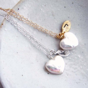 Heart Pearl Necklace, Personalized Leaf Necklace, Valentine&#39;s Day Jewelry, Gift for Her, Freshwater Pearl, June Birthstone, Bridesmaid Gift