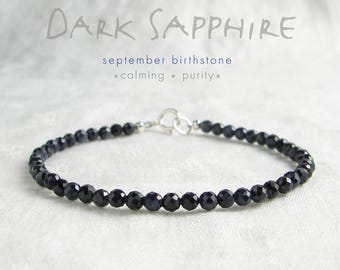 Midnight Blue Sapphire Bracelet, September Birthstone, 14K Gold Filled or Sterling Silver, 2mm/3mm Beads