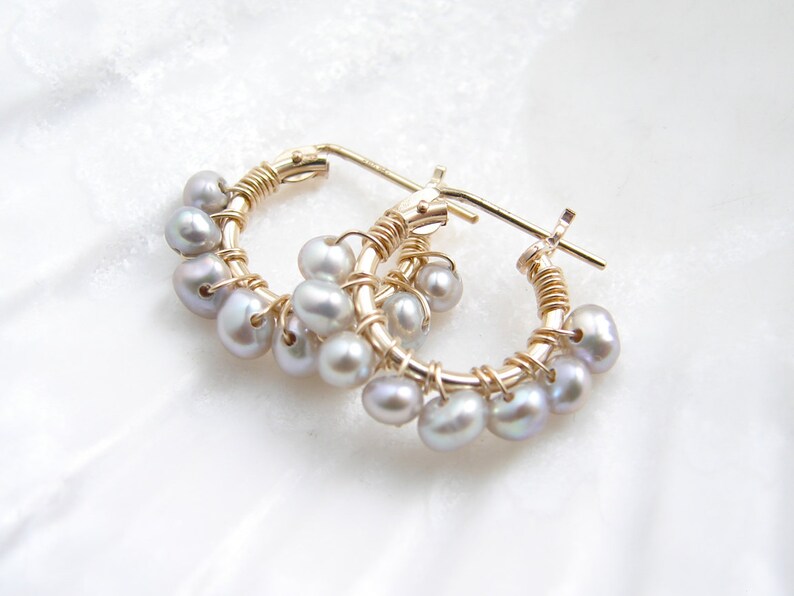 Small Grey Pearl Hoop Earrings. 14K GF Hoop Earrings. Wire image 2