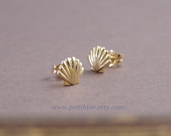 14K Solid Gold Teeny Tiny Seashell Earrings ~ Small Scallop Shell ~ Beach Fashion ~ Small Gold Earrings