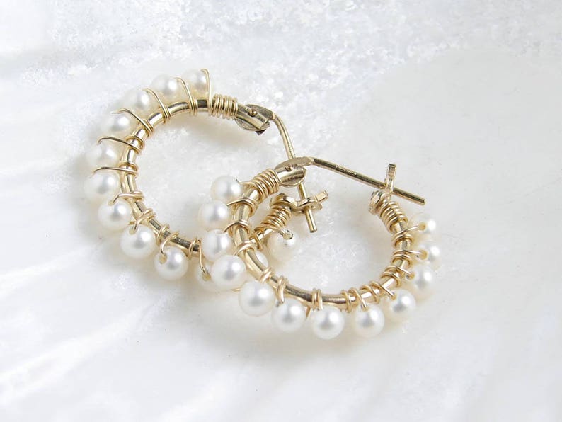 Pearl Hoop Earrings 14K GF Hoop Earrings Wire Wrapped Etsy