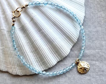 Sand Dollar Bracelet, Genuine Blue Topaz Beads - Beach Inspired
