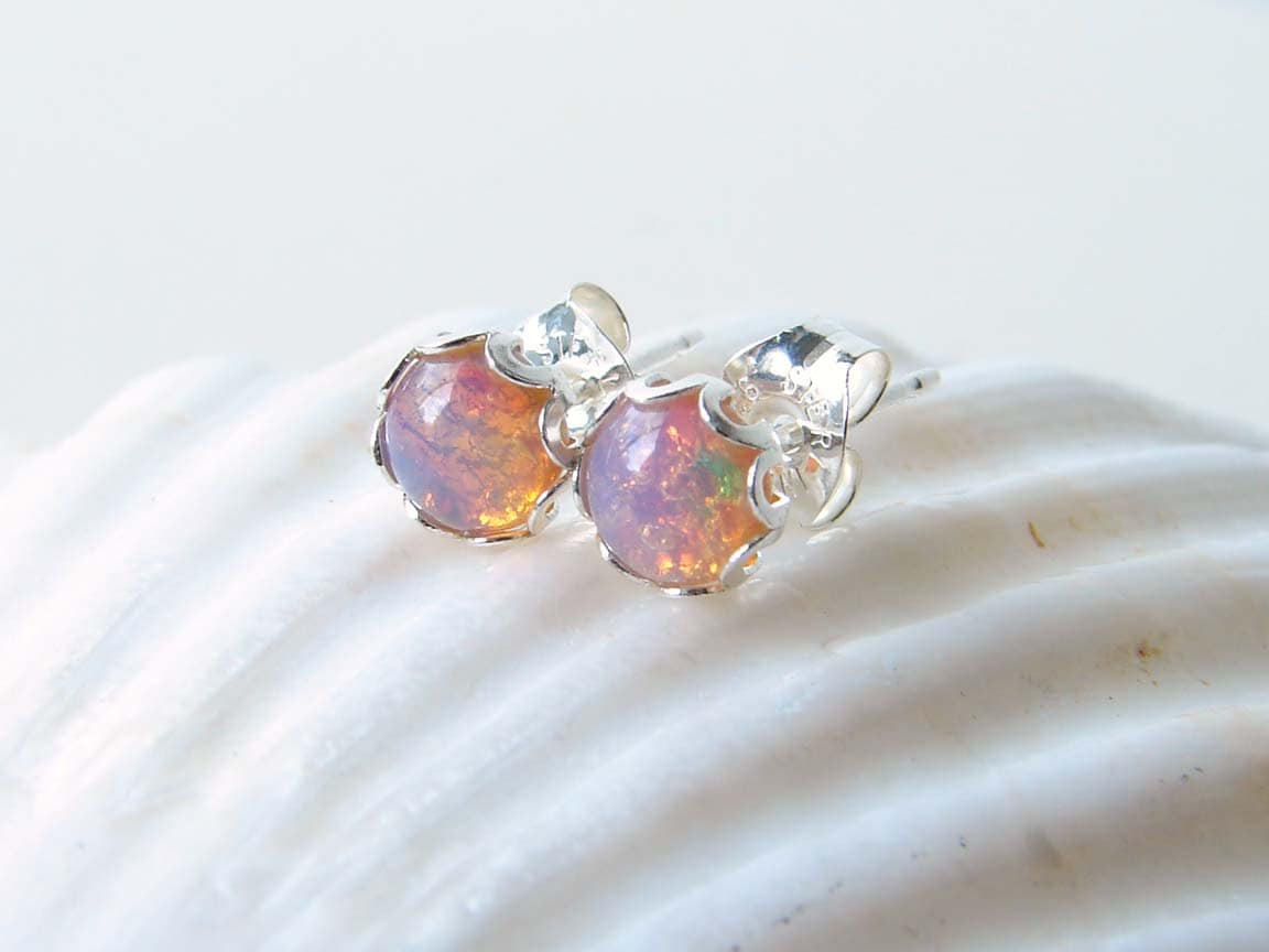 Vintage Pink Opal Stud Earrings. Fire Opal Glass Stone. | Etsy