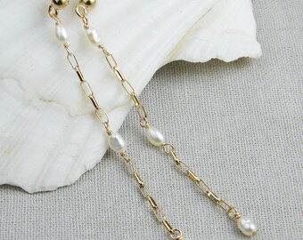 Paperclip Chain Earrings ~ Small Rice Pearl Earrings ~ June Birthday ~ Long Dangle Earrings ~ 14K Gold Filled Delicate Chain Earrings