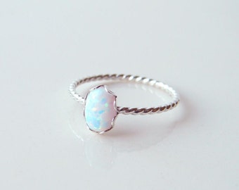 Small Opal Ring ~ Small Oval Opal Ring ~ Sterling Silver Twisted Ring ~ Dainty Opal Ring ~ October Birthday ~  Gift for Her ~ Stacking Ring