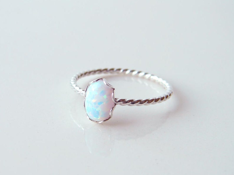 Opal Ring ~ Small Oval Opal Ring ~ Sterling Silver Twisted Ring ~ Dainty Opal Ring ~ October Birthday ~  Gift for Her ~ Stacking Ring 