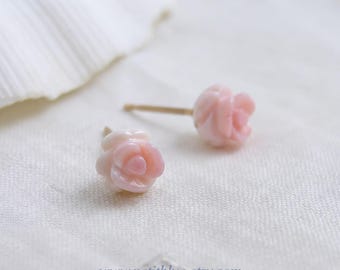Hand Carved Pink Conch Shell Rose Stud Earrings, AAA Quality Queen Conch, 14K Gold Filled Post, Flower Jewelry, Bridesmaid Gift