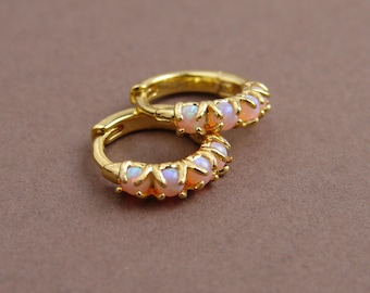 Opal Huggie Earrings ~ Light Pink ~ Simple Opal Hoop Earrings ~ Dainty Opal Huggies ~ Tiny Opal Hoop Earrings ~ October Birthday