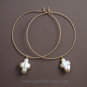 Pearl Cross Hoop Earrings ~ Sparkle Wire Hoop ~ Genuine Freshwater Pearl ~ 14K GF Hoop Earrings ~ Large Hoop Earrings ~ June Birthday