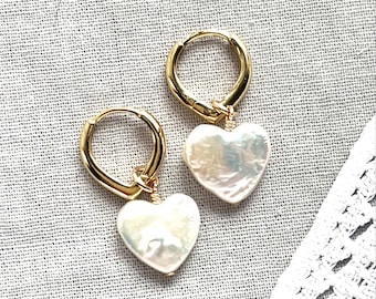 Pearl Heart Earrings, White Heart Pearl Earrings, June Birthday, Gold Hoop Earring, Dangle Huggies,  Pearl Earrings, Gift for Her