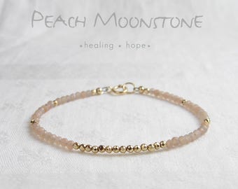 Peach Moonstone and Pyrite Bracelet ~ Dainty Gemstone Bracelet ~ Stackable  Bracelet ~ Birthstone Jewelry