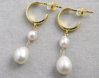 Double Pearl Hoop Earrings, June Birthday, Baroque Pearls, Pearl Dangle Earrings, Pearl Huggies, Anti-Tarnish Earrings, Wedding Jewelry
