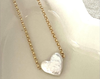 Heart Pearl Bracelet, Freshwater Pearl, 14K GF Bar Chain, Minimalist Bracelet, June Birthday, Pearl Bracelet, Bridesmaid Gift, Gift for Her
