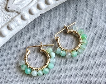 Chrysoprase Hoop Earrings, 14K Gold Filled, 10mm, 12mm, 14mm, Mint Green Gemstones