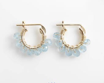 Brincos de argola com água-marinha ~ Aniversário em março ~ Brincos de argola em ouro 14K ~ 10 mm ou 12 mm ~ Brincos com pedra do mês de nascimento ~ Presente para madrinha ~ Água-marinha