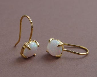 Dainty Opal Earrings, October Birthday, Minimalist Jewelry, Gold Plated Sterling Silver, Synthetic Opal