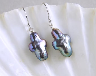 Gray Pearl Cross Earrings ~ June Birthday ~ Freshwater Pearl Cross ~ Pearl Earrings ~ Bridesmaid Gift ~ Cross Jewelry ~ Pearl Earrings