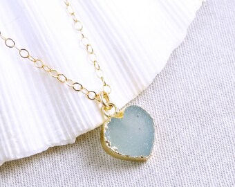 Light Blue Druzy Heart Necklace, Unique Quartz Gemstone