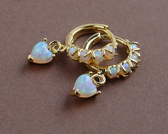 Opal Huggie Earrings ~ Tiny Opal Heart Earrings ~ Dainty Opal Earrings ~ Opal Huggies ~ October Birthday ~ Valentine's Day Gift