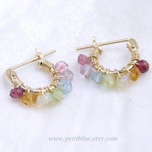 Tiny Rainbow Hoop Earrings ~ Multi Color Gemstone ~ Single or Pair ~ Rainbow Jewelry ~ Rainbow Earrings ~ 14K GF Hoops ~ Pride Rainbow