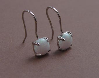 Dainty Opal Earrings, October Birthday, Minimalist Jewelry, Rhodium Plated Sterling Silver, Synthetic Opal