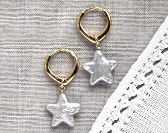 Pearl Earrings, Light Gray Star Pearl Earrings, June Birthday, Gold Hoop Earring, Dangle Pearl Hoop Earrings, Gift for Her