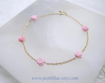 Little Pink Rose Bracelet ~ Hand Carved Conch Shell Rose ~ One-of-a-Kind ~ Bracelet for Flower Girl ~ Bridesmaid Gift