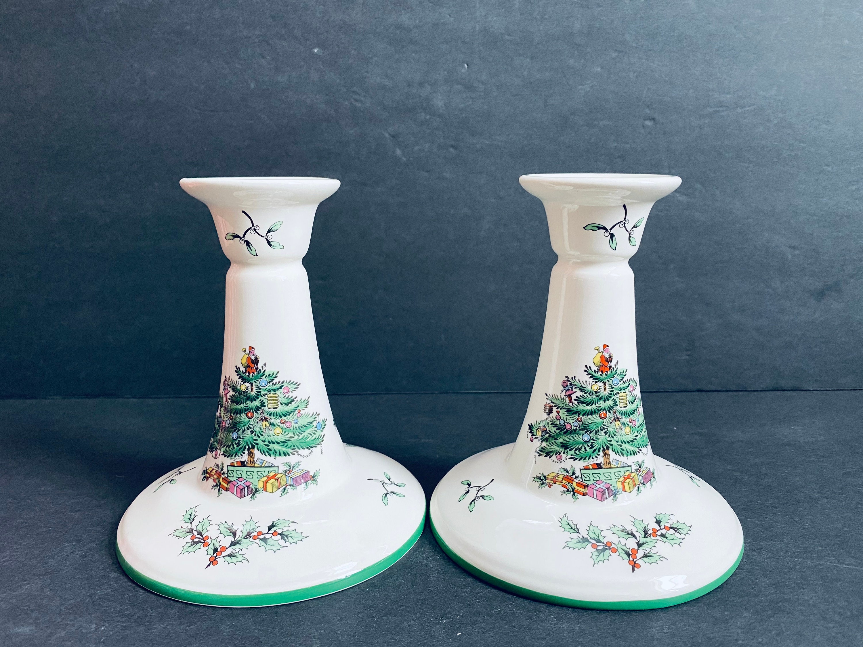 Spode Christmas Tree Green Pattern Candle Holders Set of 2 Etsy