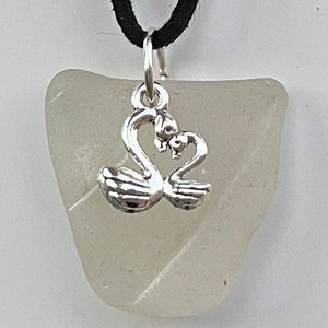 Sea glass pendant necklace with silver plated swan, Gift for bird lovers.