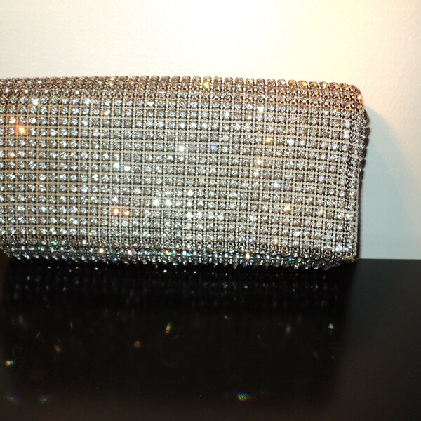 DELILL - Full Rhinestone/Satin Clutch, Evening Hand Bag w/Magnetic Closure