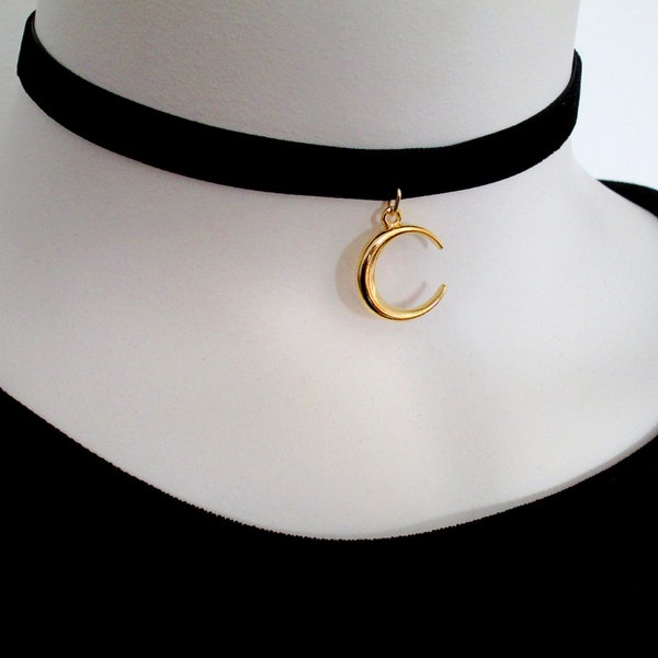 Gold Crescent Moon Choker, Black Velvet Choker, Black Leather Choker, Gift for her