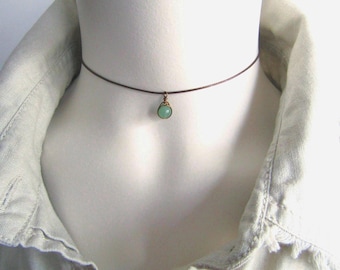 Dainty Green Aventurine Cord Choker Necklace, Wire Wrapped Green Stone Pendant, Fully Adjustable Single Black/ Brown Cord Necklace