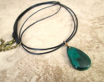 Malachite Black Cord Necklace, Minimalist Necklace, Green Gemstone Pendant, Double Strand Black Cord Necklace,