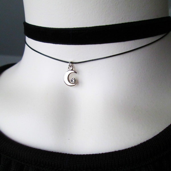 Dainty Crescent Moon Charm Layered Choker, Black Velvet Choker, Black Cord Choker, Double Strand Choker, Celestial Jewelry, Gift for her