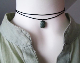 Dainty Seraphinite Choker Necklace, Black Cord Double Layered Necklace, Gift for her