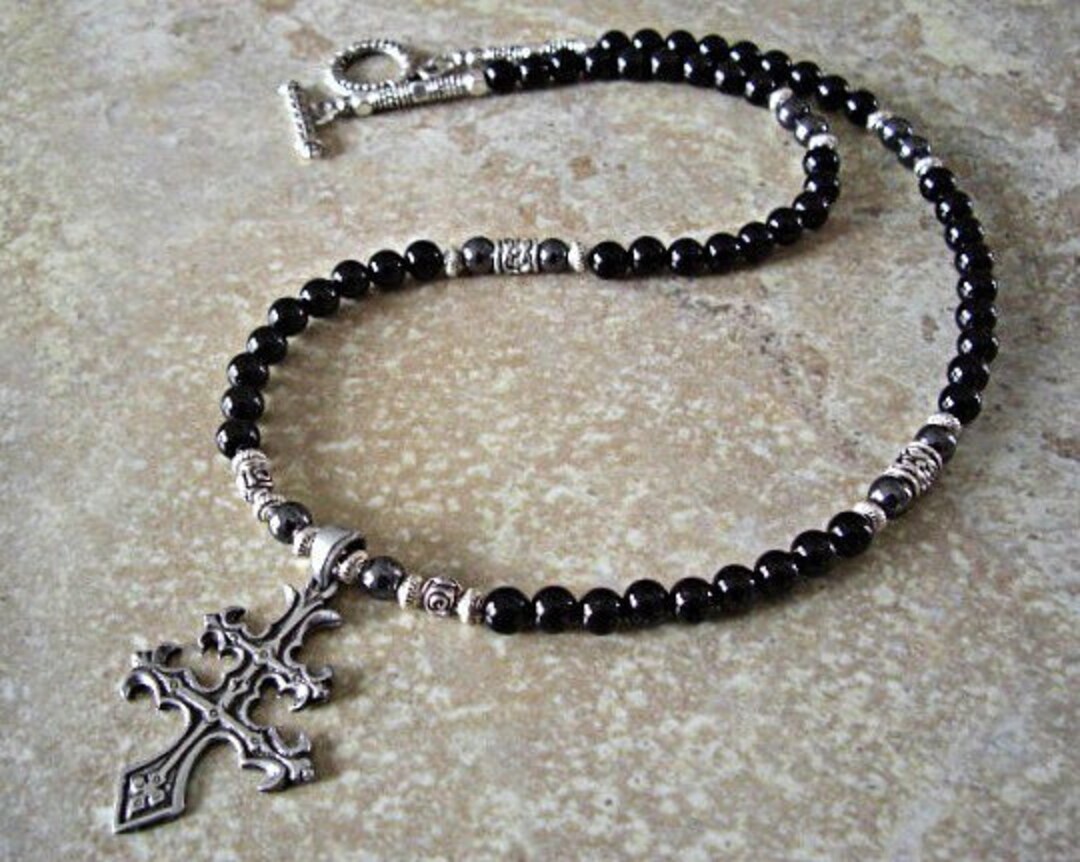 Cross of Lorraine Pendant Necklace Mens Onyx Beaded Necklace Etsy