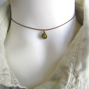Dainty Green Jade Cord Choker Necklace, Wire Wrapped Green Stone Pendant, Fully Adjustable Single Black/ Brown Cord Necklace