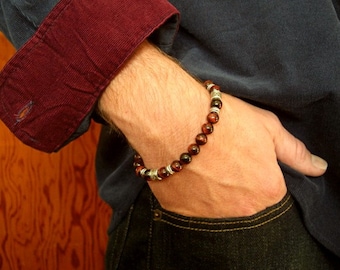 Red Tiger Eye Bracelet, Mens Gemstone Beaded Bracelet, 7mm Beaded Bracelet, Antique Silver Accents, Red Tiger Eye Jewelry