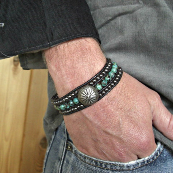 Antiqued Silver Concho, African Turquoise, Hematite 3 Rows Black Leather Beaded Cuff Men's Bracelet